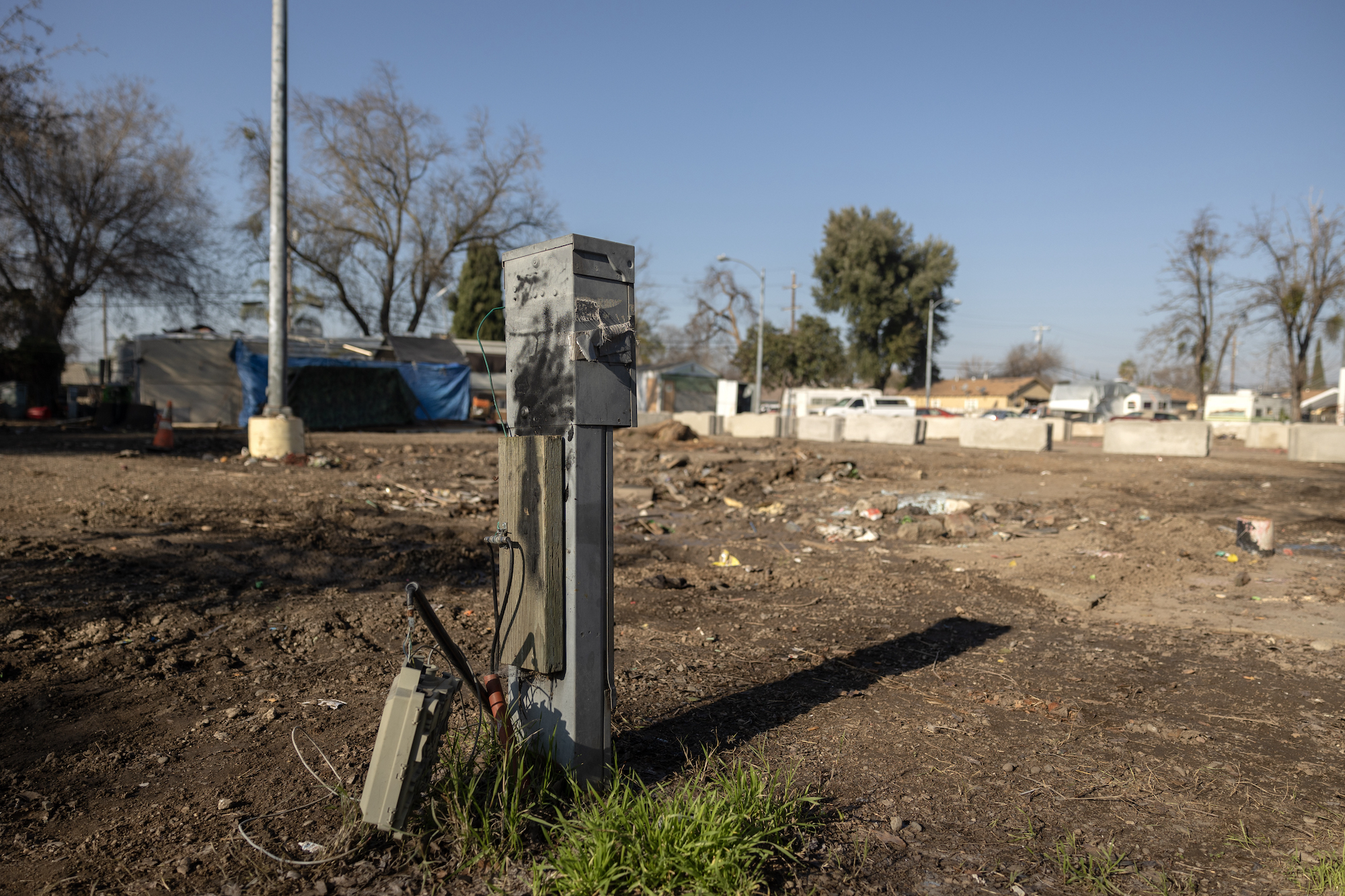 An empty mobile home lot in Stockton Park Village in Stockton on Jan. 27, 2023.